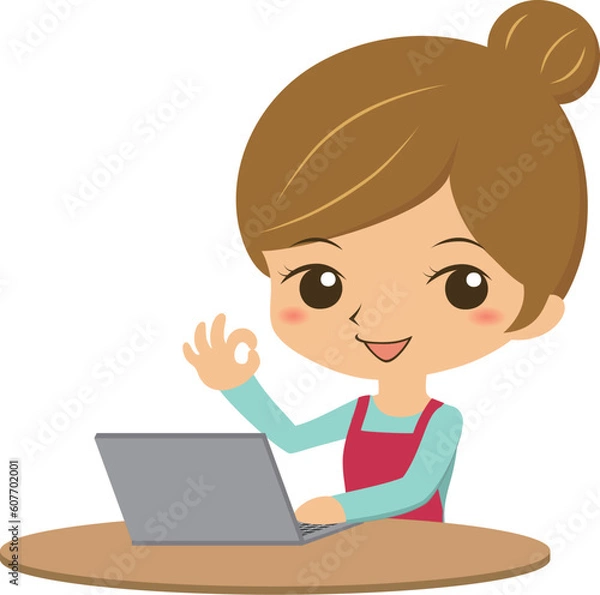 Fototapeta パソコンの前でOKサインをする若い主婦