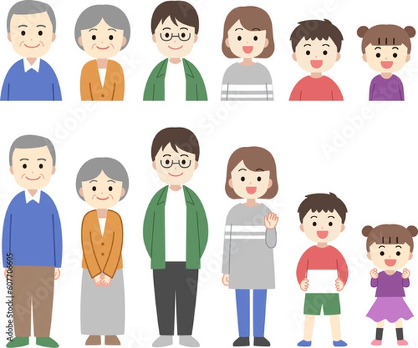 Fototapeta 三世代家族・ファミリーの全身のイラスト　線あり