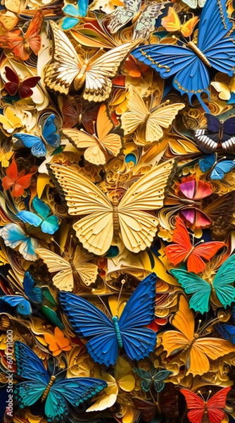 Fototapeta Fantasy background image of textured colorful butterflies. Created with Generative AI technology.