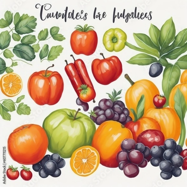 Fototapeta Fruits and Vegetables: Craft colorful watercolor clipart of delicious fruits and vegetables, including apples, oranges, tomatoes, carrots, and peppers, to add a fresh touch to your designs.