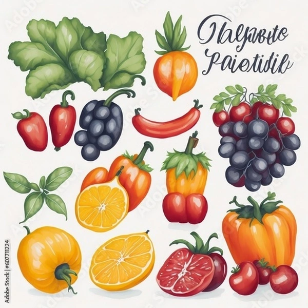 Fototapeta Fruits and Vegetables: Craft colorful watercolor clipart of delicious fruits and vegetables, including apples, oranges, tomatoes, carrots, and peppers, to add a fresh touch to your designs.