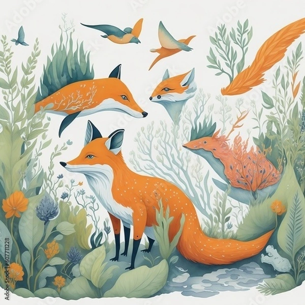 Fototapeta Animals in Nature: Design whimsical watercolor illustrations of animals in their natural habitats, such as a fox in a forest, a whale in the ocean, or a bird in a garden.