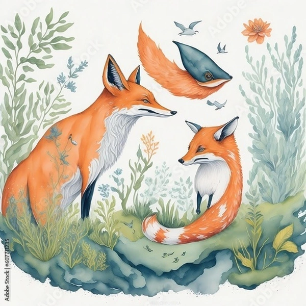 Fototapeta Animals in Nature: Design whimsical watercolor illustrations of animals in their natural habitats, such as a fox in a forest, a whale in the ocean, or a bird in a garden.