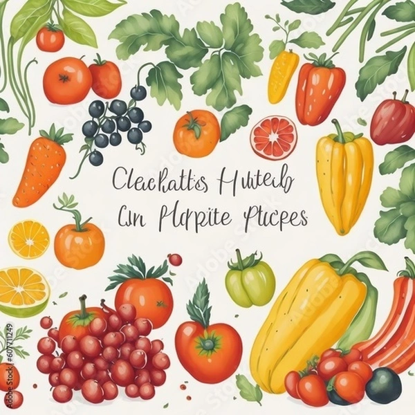 Fototapeta Fruits and Vegetables: Craft colorful watercolor clipart of delicious fruits and vegetables, including apples, oranges, tomatoes, carrots, and peppers, to add a fresh touch to your designs.