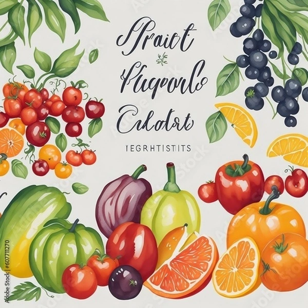 Fototapeta Fruits and Vegetables: Craft colorful watercolor clipart of delicious fruits and vegetables, including apples, oranges, tomatoes, carrots, and peppers, to add a fresh touch to your designs.