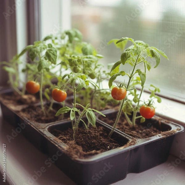 Fototapeta tomatoes on the windowsill. seedling. greenery. growing vegetables at home in the apartment. Ai generation 