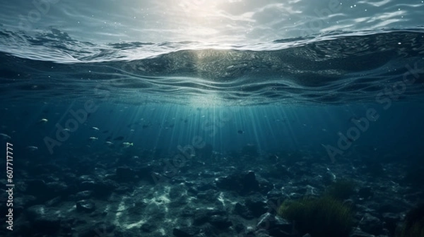Fototapeta Underwater view with a sunlights. Generative Ai