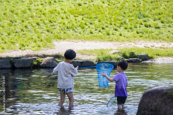 Fototapeta タモを持って水中の生き物を探す小さな兄弟