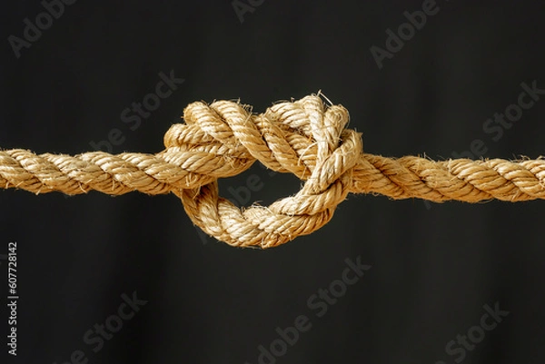 Fototapeta Loop knot of hemp rope on a dark background. Teamwork, communication, help.