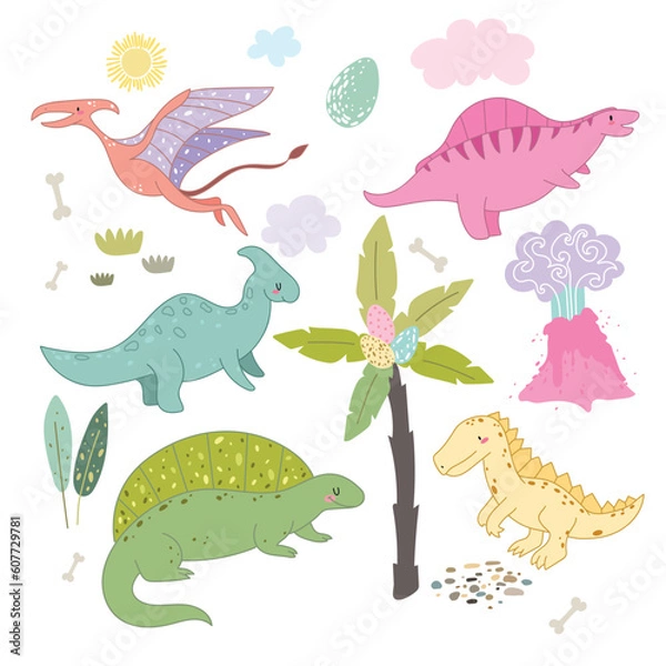 Fototapeta Dinosaurs vector set in cartoon Scandinavian style. A colorful cute children's illustration is perfect for a child's room. Dino, sun, volcano, palm, plants, eggs, clouds.