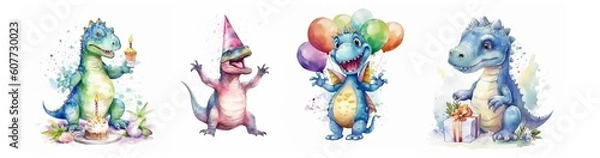 Fototapeta Set of illustrations in watercolor style for the design of invitation cards for a children's birthday in the theme of Dinosaurs: with a cake, with a gift, happy, AI generated
