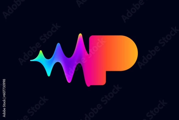 Obraz P letter logo with pulse music player element. Vibrant sound wave flow line and glitch effect. Neon gradient icon.