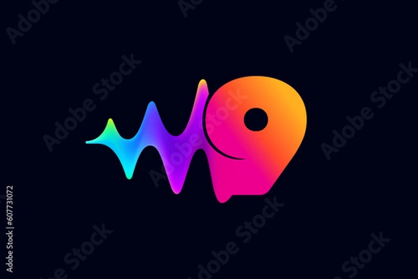 Fototapeta 9 logo. Number nine logo with pulse music player element. Vibrant sound wave flow line and glitch effect. Neon gradient icon.