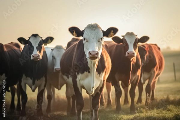 Obraz Herd of cows in the pasture. Farm animal, cows and cattle in countryside. Sustainable farming. 