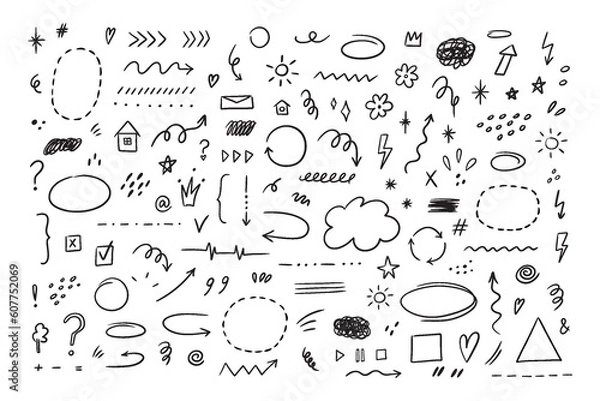 Fototapeta Sketch hand drawn line set of simple decorative elements. Various icons such as hearts, stars, speech bubbles, arrows, lines isolated on white background.