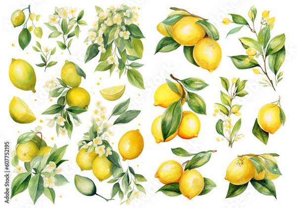 Fototapeta A set of illustrations in a watercolor style: flowers and lemon fruits on branches, generated by AI