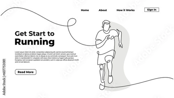 Fototapeta Running time continuous one line drawing, a man run with simple motion energy. Landing page template of people athlete competition. Marathon or sprinter hand drawn.