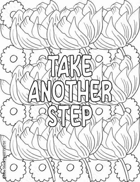 Fototapeta Motivational quote coloring page with a set of floral elements and inspirational positive words for adults and kids