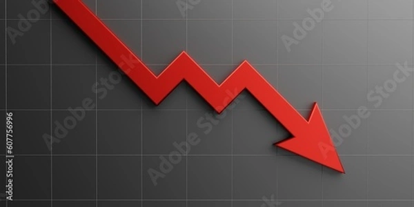 Obraz Red 3d arrow down graphic icon sign on decrease economic web background with loss business chart symbol or crisis marketing inflation price low bankrupt investment and sales target economy recession