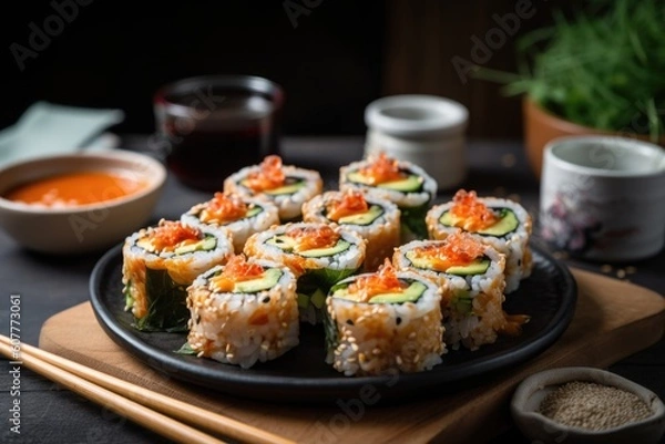 Fototapeta japanese sushi roll with a korean twist, featuring kimchi and hot sauce, created with generative ai