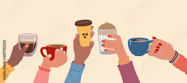 Obraz Set of diverse woman hands holding a cups of coffee, espresso or cappuccino. Morning hot drink. Coffee break. Hand drawn vector illustration isolated on light background. Flat cartoon style.
