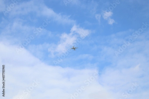 Obraz passenger airplane is flying in the blue sky with white clouds