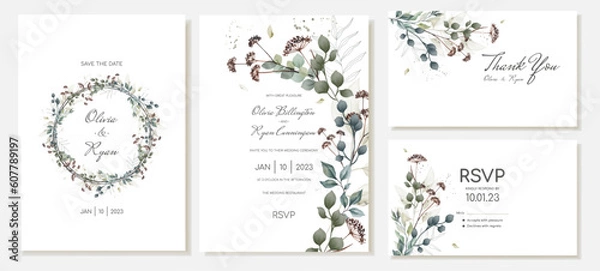 Fototapeta Elegant set of rustic wedding invitations and thank you cards with plants, leaves and dried flowers. Vector template