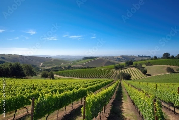Fototapeta vineyard with rolling hills and clear blue skies, created with generative ai