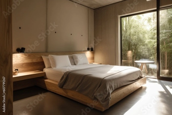 Fototapeta a minimalist eco-hotel room with sleek decor and recycled materials, created with generative ai