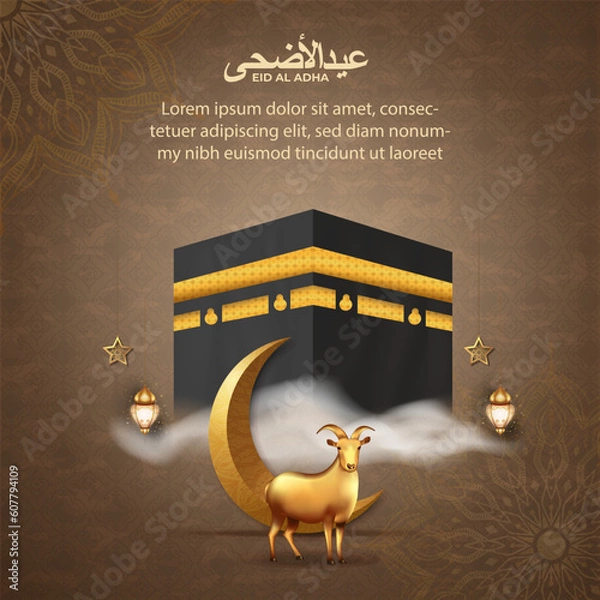Fototapeta Eid al adha islamic greeting card with goat and kaaba , poster, banner design, vector illustration 