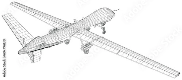 Fototapeta Aircraft unmanned military drone. Technical illustration wire-frame. Vector rendering of 3d.