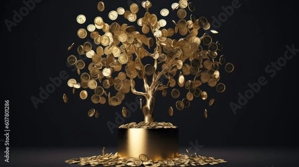 Fototapeta Money tree of good luck and Feng Shui made of golden coins. Capital growth, investment, saving money, economy, finance and business concept
