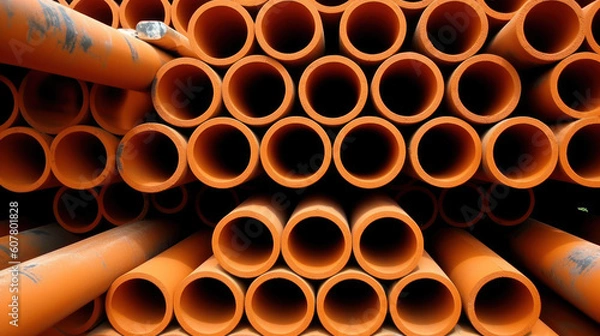 Obraz Stacked Orange Pipes for Water Conduction, Generative AI