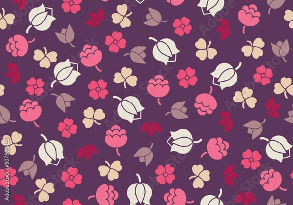 Fototapeta Seamless floral pattern - tulips, cornflowers, roses and leaves, vector illustration