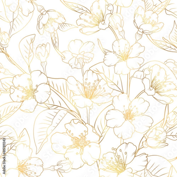 Obraz Gold cherry blossom seamless pattern. Natural texture with blossom sakura tree branches. Golden japanese line art flowers on white background.