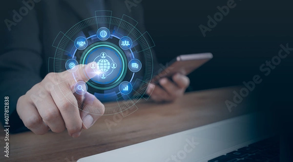 Fototapeta Human Resources. HR management, recruitment employment headhunting. Customer behavior, buyer. Customer Relationship Management. Businessman hold of global structure , Data exchanges development. CRM.