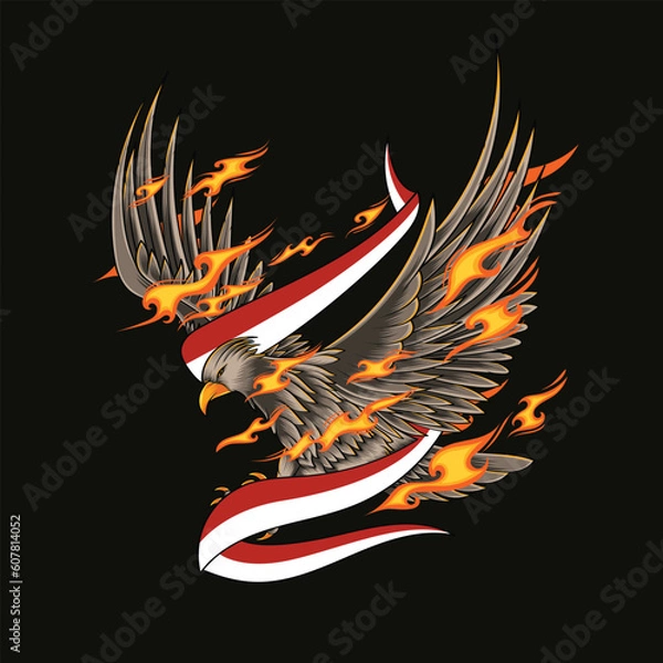 Fototapeta Fire Eagle Drawing with Indonesian Flag