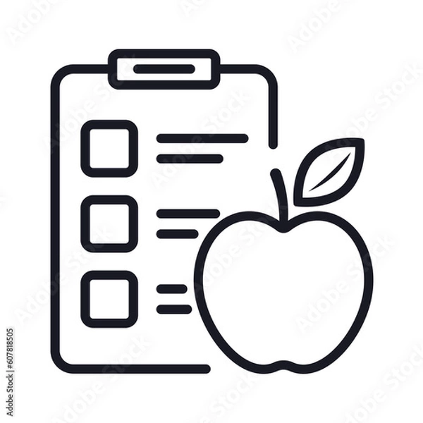 Fototapeta Diet chart line icon, checklist and apple in outline style.