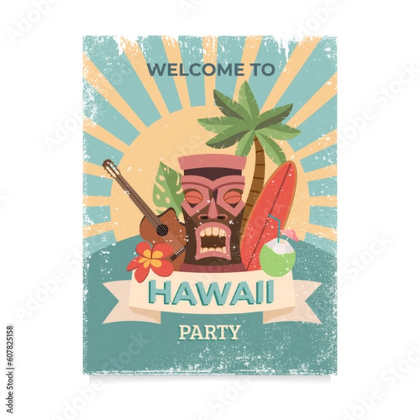 Fototapeta Design template of retro poster invitation for hawaiian party. Vector illustration
