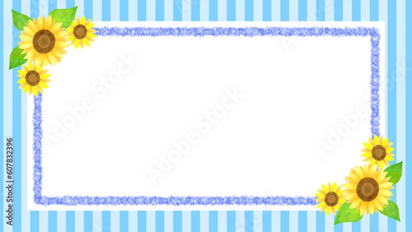 Fototapeta 向日葵をあしらったシンプルな四角いフレームにストライプの背景のイラスト
