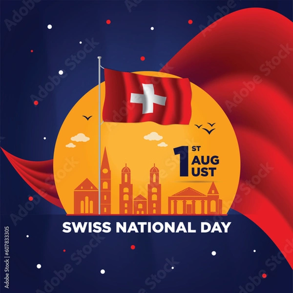 Fototapeta Swiss national day Social Media Post Design, Independence Day of Switzerland banner with retro abstract geometric shapes. Switzerland flag with landscape landmarks Vector Illustration 