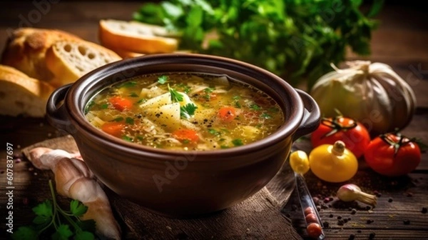 Fototapeta Vegetable soup on wooden background. Generative AI