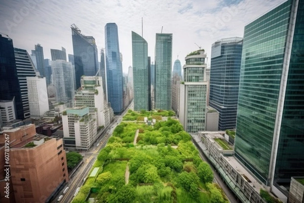 Fototapeta green rooftops surrounded by towering skyscrapers and bustling city streets, created with generative ai
