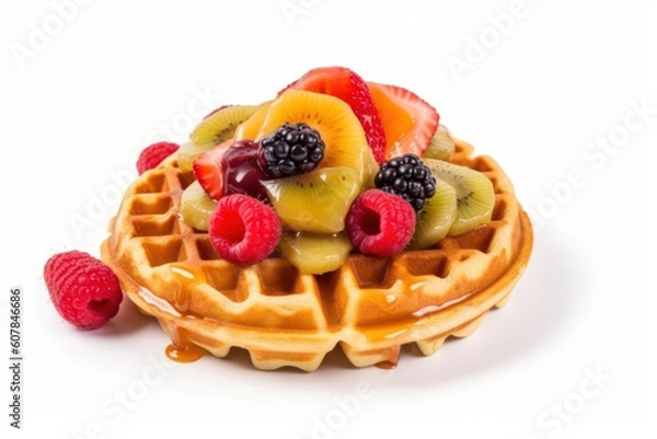 Fototapeta Traditional belgian waffles with fresh fruit and caramel on white background. AI