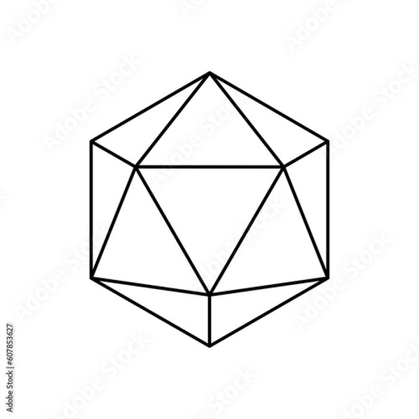 Fototapeta Vector black linear icosahedron for game, icon, package design, logo, mobile, ui, web, education. Outline. Geometric figures.