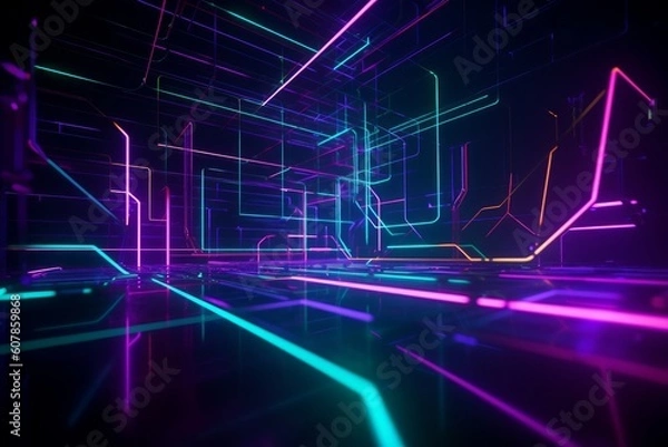 Fototapeta Glowing lines neon lights abstract psychedelic background. 3d render, Generative ai