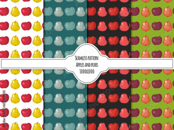 Fototapeta A set of pears and appels seamless patterns 1000 by 1000 pixels with fruits. Vector graphics.