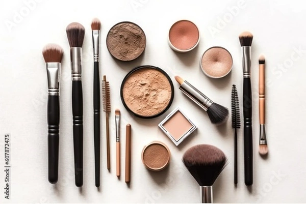 Fototapeta Eyeshadow Lipstick Brushes Foundation makeup professional photography ai generated
