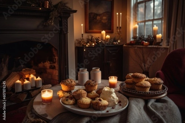 Fototapeta christmas scene with cozy living room, roaring fire, and tray of muffins and scones, created with generative ai