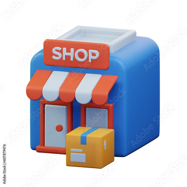 Fototapeta package order box in front of the market store ready to pick up by delivery service 3d rendered icon illustration design